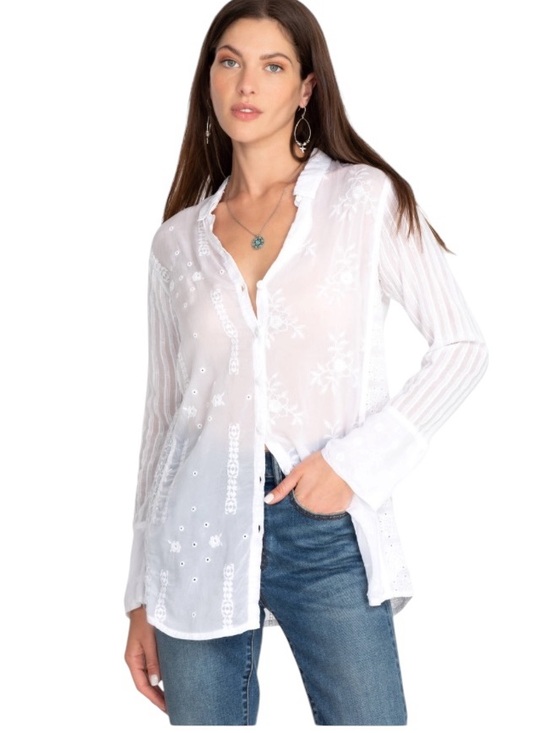 Johnny Was Tops - Johnny Was NYX Shirt Off White Mixed Media Blouse Large Coastal Euro Summer NWT